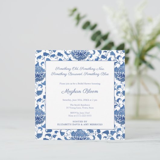 ブルーのチャイナ風アートがおしゃれな ブライダルシャワー 招待状 (スタンド正面)