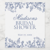 ブルーのチャイナ風花柄 ブライダルシャワーのギフト ワインラベル (シングルラベル)