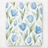 ブルーのチューリップの水彩花の絵画植物画 マウスパッド (正面)