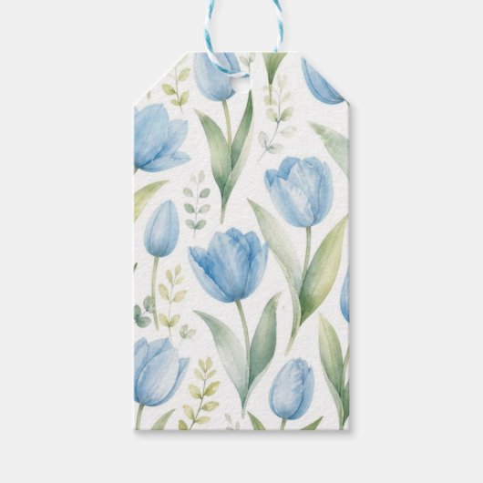 ブルーのチューリップの水彩花の絵 植物画 ギフトタグ (正面)