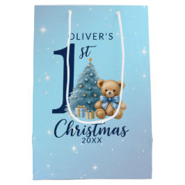 ブルーのツリーと1st Christmas テディベア ミディアムペーパーバッグ