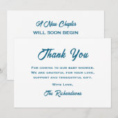 ブルーのテディベアのベイビーシャワーの新しい章のストーリーブック サンキューカード (正面/裏面)