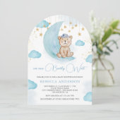 ブルーのテディベアのベビーシャワー We Can Bearly Wait 招待状 (スタンド正面)