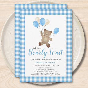ブルーのテディベアのベビーシャワー We Can Bearly Wait 招待状