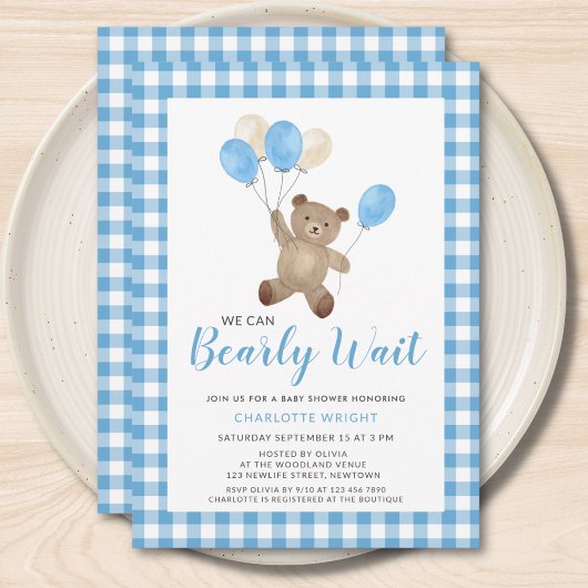 ブルーのテディベアのベビーシャワー We Can Bearly Wait 招待状