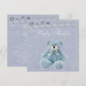 ブルーのテディベア ヴィンテージ ライラック ベビーボーイ シャワー 招待状 (正面/裏面)