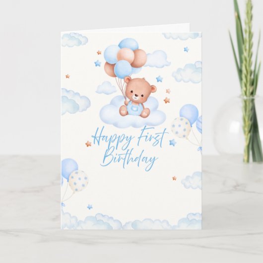 ブルーのテーマの1歳の誕生日おめでとうカード カード (正面)