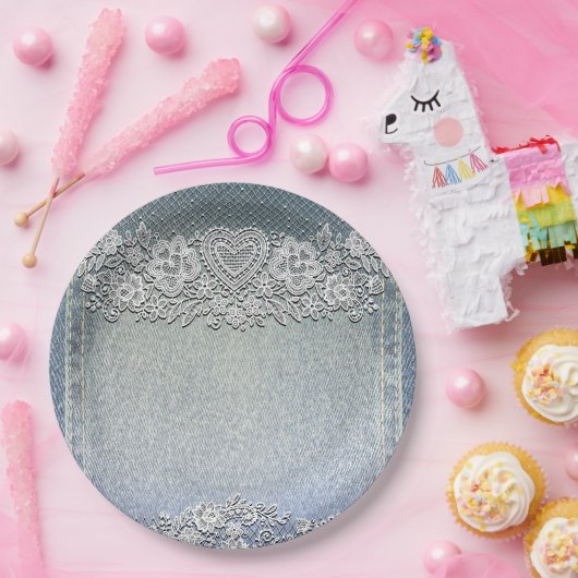 ブルーのデニムジーンズとホワイトハートレースのブライダルシャワー ペーパープレート (パーティー)