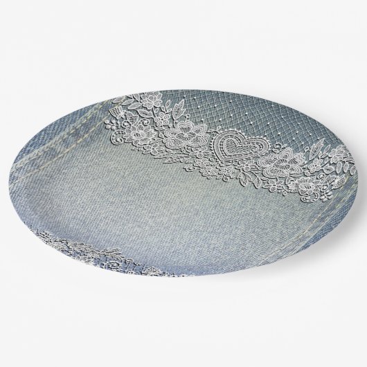 ブルーのデニムジーンズとホワイトハートレースのブライダルシャワー ペーパープレート (アングル)
