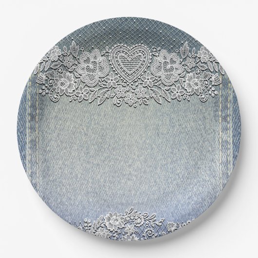 ブルーのデニムジーンズとホワイトハートレースのブライダルシャワー ペーパープレート (正面)