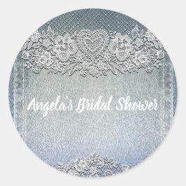 ブルーのデニムジーンズとホワイトハートレースのブライダルシャワー ラウンドシール