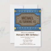 ブルーのデニムジーンズにレザーラベル誕生日パーティー 招待状 (正面)