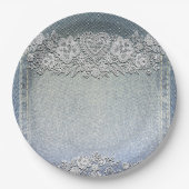 ブルーのデニムジーン & ホワイト ハートレース ブライダルシャワー ペーパープレート (正面)