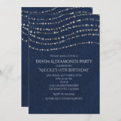 ブルーのデニム＆ダイヤモンドが輝くスパークル 誕生日パーティー 招待状 (正面/裏面)