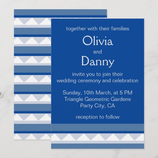 ブルーのトライアングルストライプ ネイビー ウェディング 招待状 (正面/裏面)