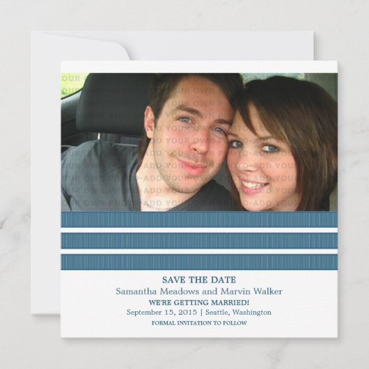 ブルーのトリプルストライプ写真付き Save the Date 招待状 (正面)