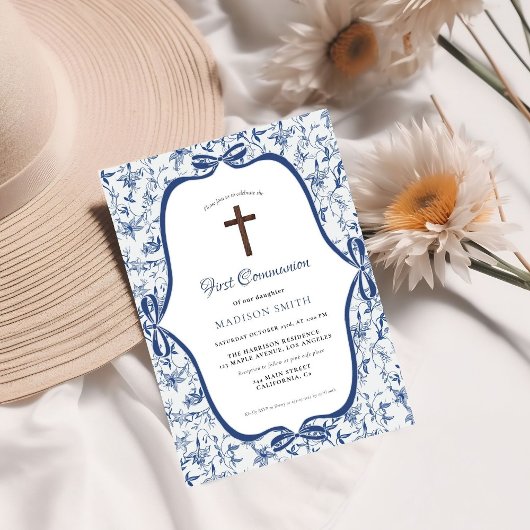 ブルーのトワルドジューイの茶色　ファースト　ホーリー　コミュニオン 招待状