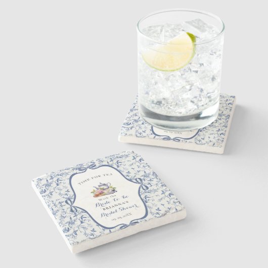 ブルーのトワルドジューイ ティーパーティー ブライズシャワー ストーンコースター (横)