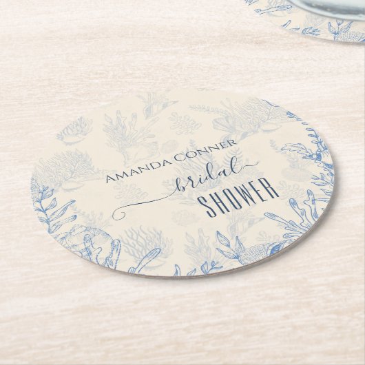 ブルーのトワール オーシャンテーマのブライズシャワー ラウンドペーパーコースター (アングル)