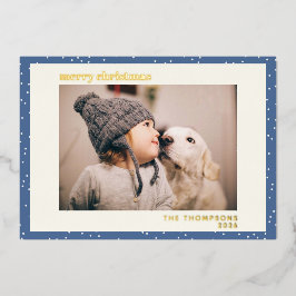 ブルーのドット雪 シンプル フォト ゴールド 箔シーズンカード