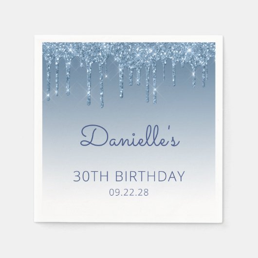 ブルーのドリッピング グリッター グラム 30歳の誕生日パーティー スタンダードカクテルナプキン (正面)