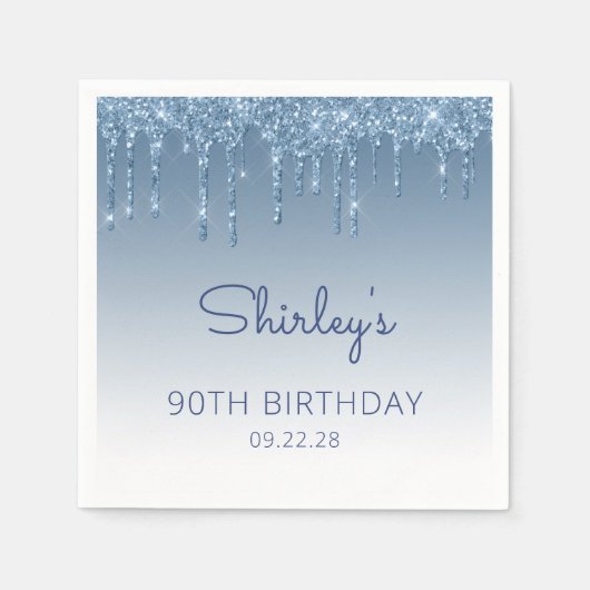 ブルーのドリッピング グリッター グラム 90歳の誕生日パーティー スタンダードカクテルナプキン (正面)