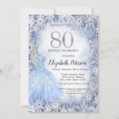 ブルーのドレスと雪の結晶 80歳の誕生日お祝い 招待状 (正面)