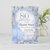 ブルーのドレスと雪の結晶 80歳の誕生日お祝い 招待状 (スタンド正面)