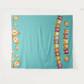 ブルーのハッピーフレンドズギビング感謝祭フォトブース タペストリー (正面(横))