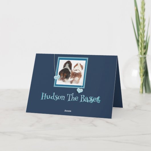 ブルーのハートとバセットハウンドの可愛いバレンタイン カード (裏面)