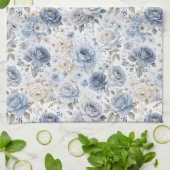 ブルーのバラの花の水彩画 キッチンタオル (折り畳み)
