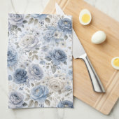 ブルーのバラの花の水彩画 キッチンタオル (四つ折り)