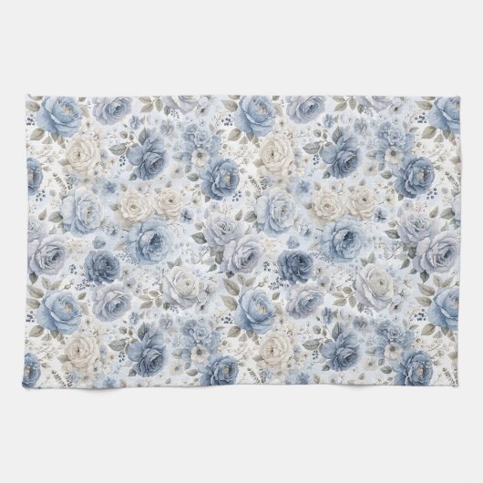 ブルーのバラの花の水彩画 キッチンタオル (横)