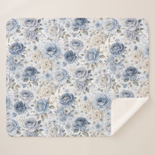 ブルーのバラの花の水彩画 シェルパブランケット (正面(横))