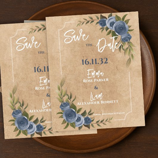 ブルーのバラの花嫁衣裳 田舎風結婚式の「Save the Date」