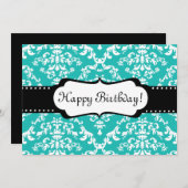 ブルーのバースデー招待状 キュート ダマスク スイート16 招待状 (正面/裏面)