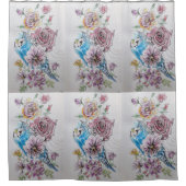 ブルーのバーディー＆ローズのローズ フラワーズ シャワー カーテン (正面)