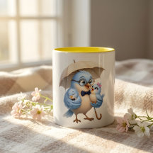 ブルーのパパ鳥と赤ちゃん鳥のコーヒーマグ