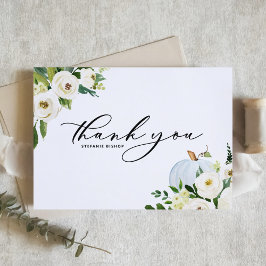 ブルーのパンプキンとグリーン 秋のベイビーシャワー サンキューカード