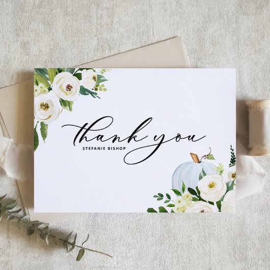 ブルーのパンプキンとグリーン 秋のベイビーシャワー サンキューカード