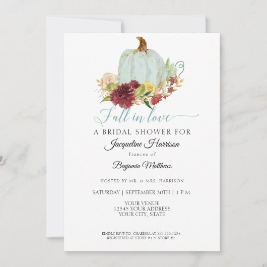 ブルーのパンプキン ラスティック バーガンディ フローラル ブライダルシャワー 招待状 (正面)