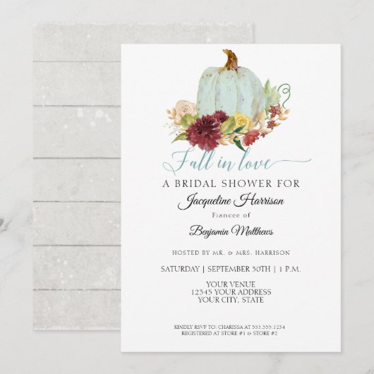 ブルーのパンプキン ラスティック バーガンディ フローラル ブライダル シャワー 招待状 (正面/裏面)