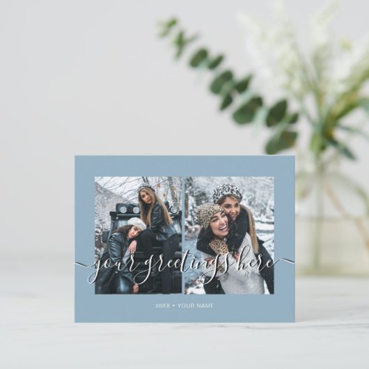 ブルーのパーソナライズされた2枚の写真 ユニバーサルグリーティング ポストカード (スタンド正面)