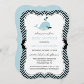ブルーのヒゲクジラのシェブロン男子ベビーシャワー 招待状 (正面/裏面)