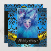 ブルーのピエロ、ブラックゴールドのダマスク柄、サファイア 招待状 (正面/裏面)