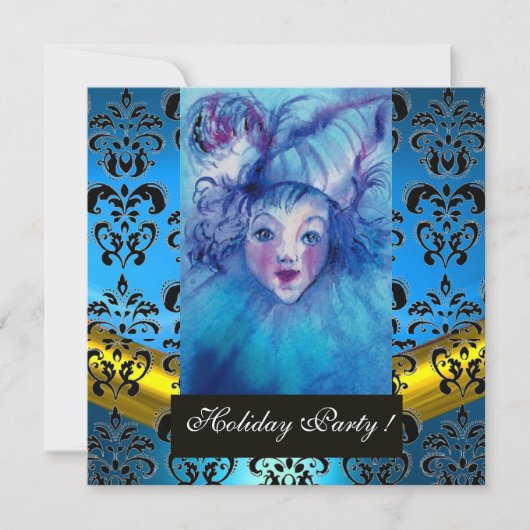 ブルーのピエロ、ブラックゴールドのダマスク柄、サファイア 招待状 (正面)