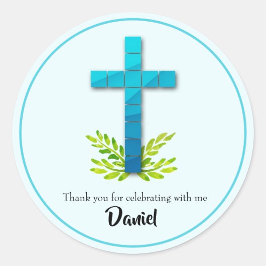 ブルーのファーストコミュニオンクロス ラウンドシール (正面)