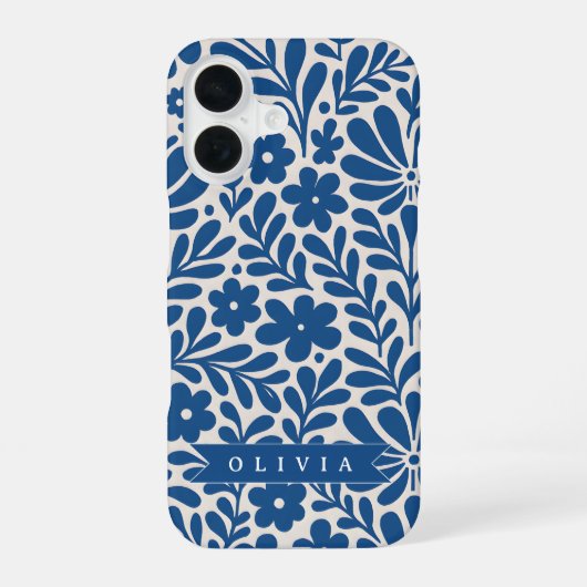 ブルーのフォルクロア フローラル 北欧風 オリジナルデザイン iPhone 16ケース (裏面)