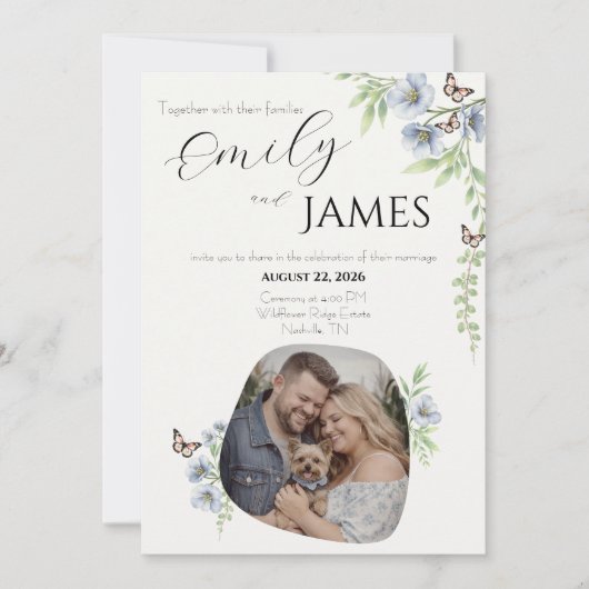 ブルーのフラワーモチーフの結婚式招待状 招待状 (正面)
