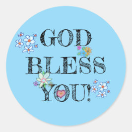 ブルーのフラワー「God Bless You」 ラウンドシール